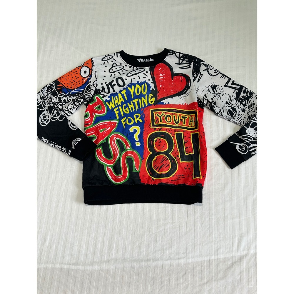 Bass by Ron Bass Graffiti Print Sweatshirt Small Black Red Blue Streetwear Art